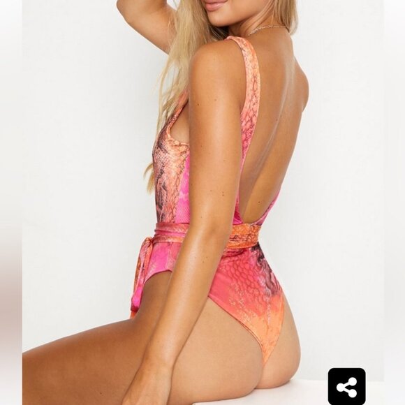 PrettyLittleThing One Piece Swimsuit Monokini Pink Orange Bright Snake Animal - Picture 10 of 14